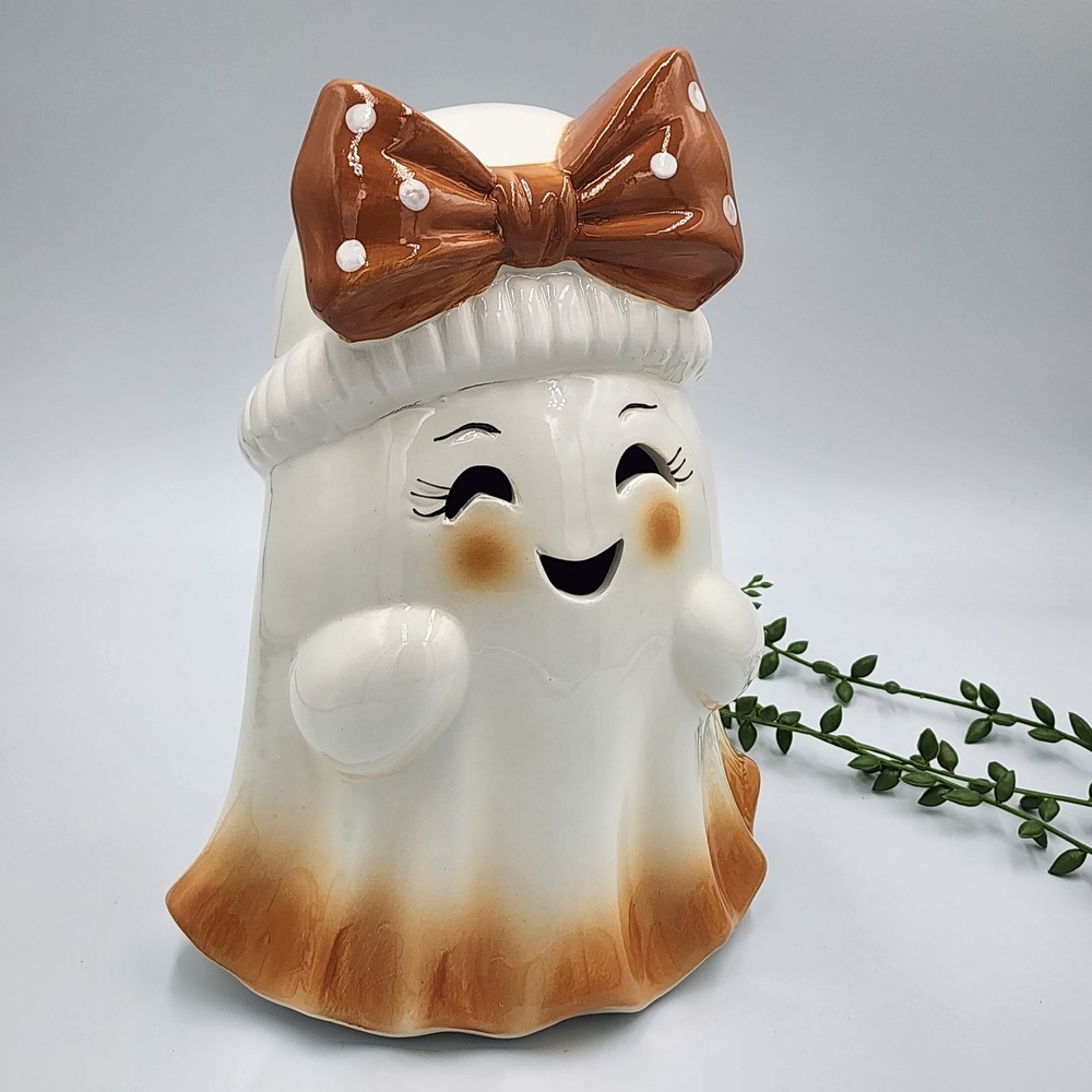 Goblin & Ghoul Ceramic Light Up Ghost Figurine White Brown Bow Halloween 10" NEW - Picture 2 of 9